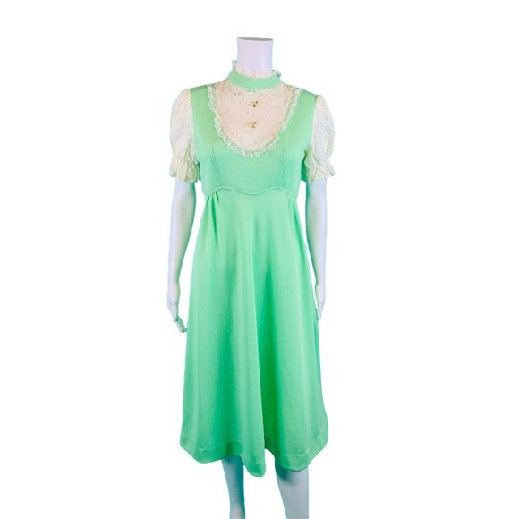 Vintage 70s Mint Dress Womens Small Green Polyester Lace Yoke Mod Babydoll - Picture 2 of 10